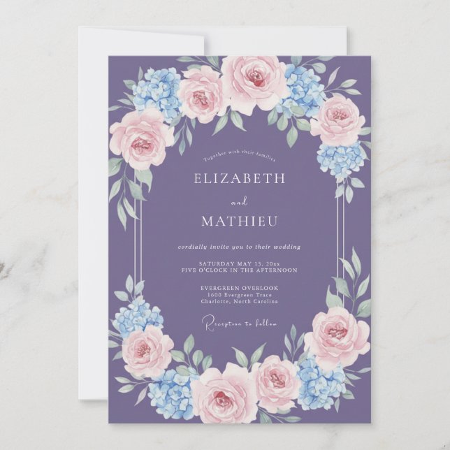 Convite Casamento de Hortênsia Eucalipto Roxo Suave (Frente)