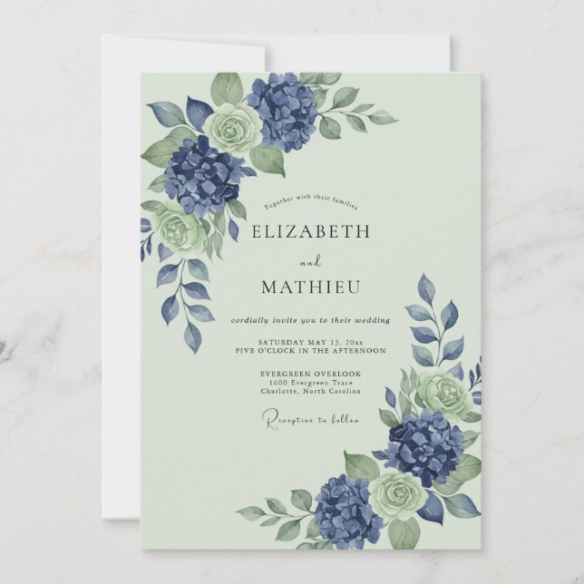 Convite Casamento de Hortênsia Menta Azul-Celeste Eucalipt (Frente)