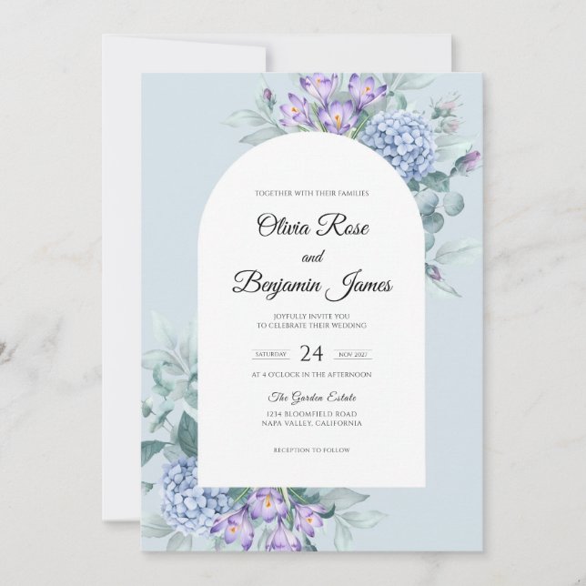 Convite Casamento de Hortênsia Roxa Periwinkle com Sage (Frente)