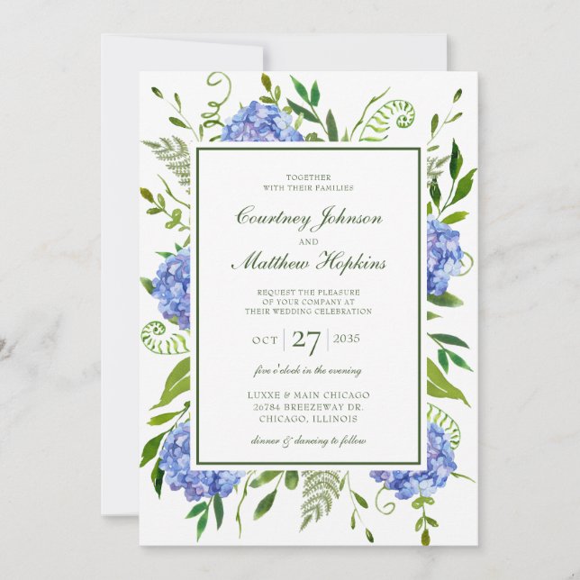 Convite Casamento de Hortênsias Azuis (Frente)