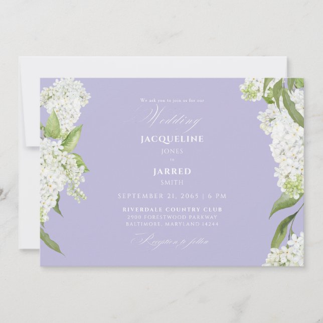 Convite Casamento de Hortênsias Brancas Lavanda  (Frente)