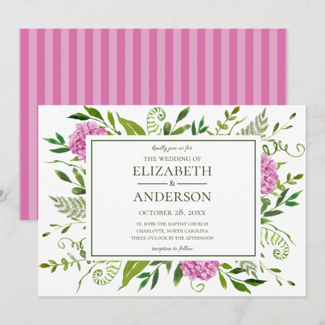 Convite Casamento de Hortênsias Rosa (Frente/Verso)
