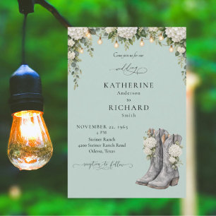 Convite Casamento de Hortênsias Rústicas e Botas de Cowboy