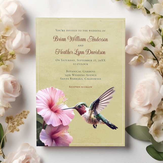 Convite Casamento de Hummingbird e Hibiscus | Amarela (Yellow Hummingbird and Hibiscus Wedding Invitation)