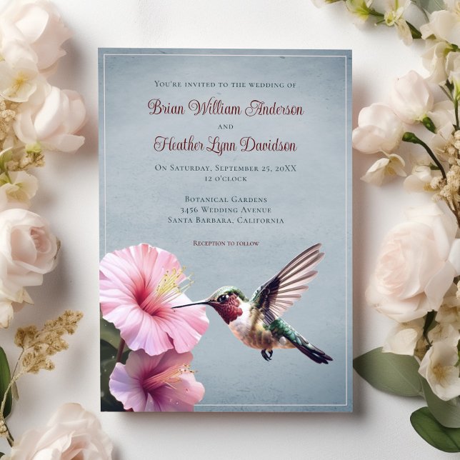 Convite Casamento de Hummingbird e Hibiscus | Azul (Blue Hummingbird and Hibiscus Wedding Invitation)