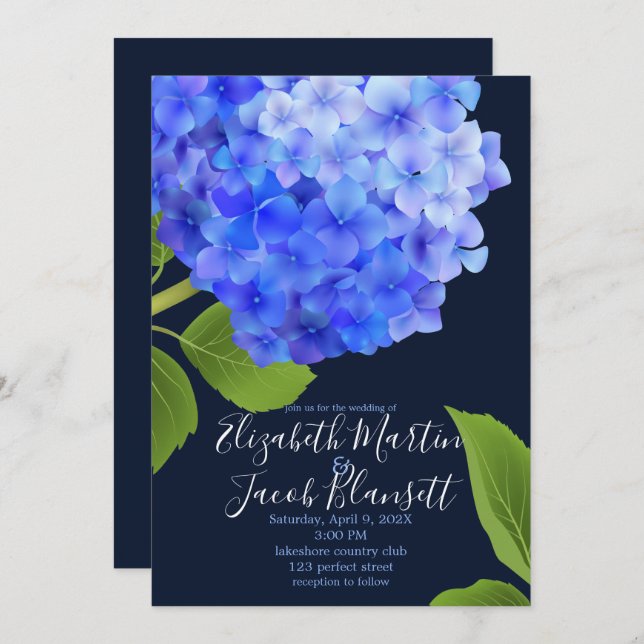 Convite Casamento de Hydrangea Azul Watercolor (Frente/Verso)