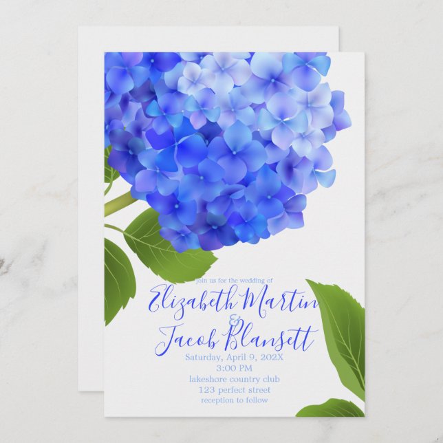 Convite Casamento de Hydrangea Azul Watercolor (Frente/Verso)
