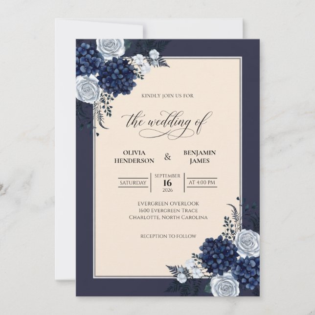 Convite Casamento de Hydrangea Eucalipto Creme Marinho (Frente)