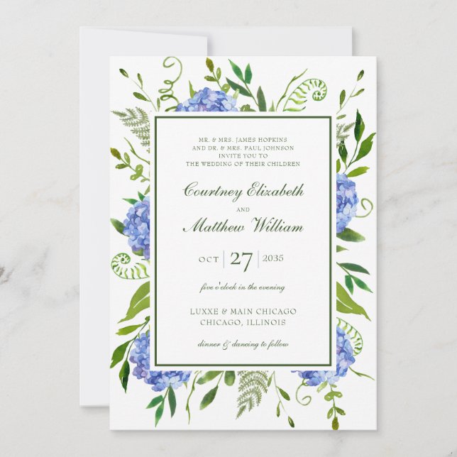 Convite Casamento de Hydrangeas Azul (Frente)
