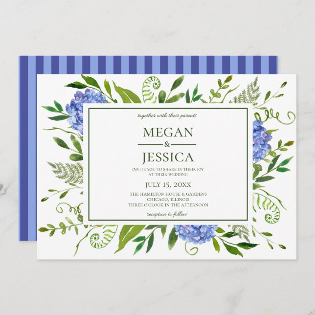 Convite Casamento de Hydrangeas Azul (Frente/Verso)