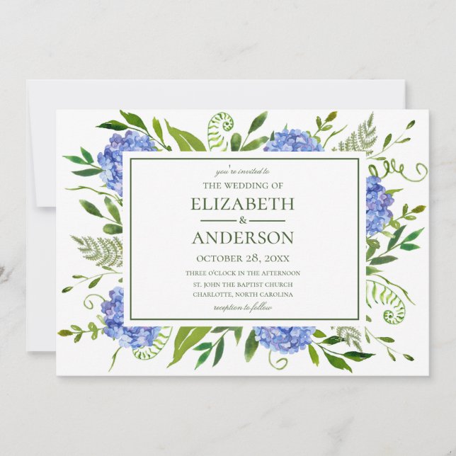 Convite Casamento de Hydrangeas Azul (Frente)