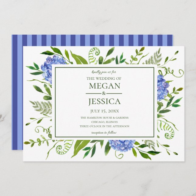 Convite Casamento de Hydrangeas Azul (Frente/Verso)