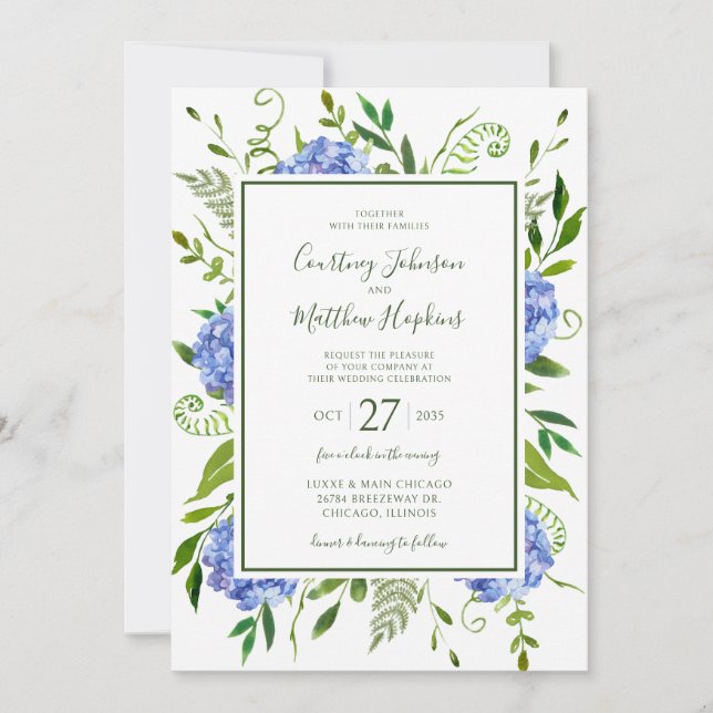 Convite Casamento de Hydrangeas Azul (Frente)