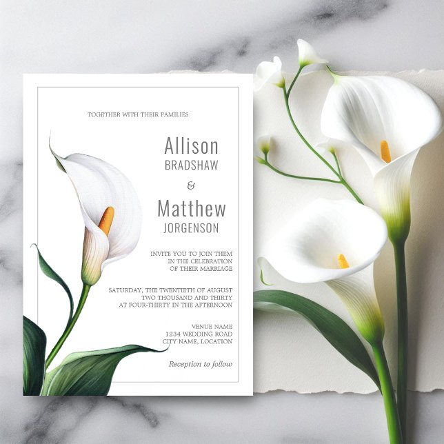 Convite Casamento de Ilegante Ivory White Calla Lily (Elegant white ivory calla lily wedding invitation front view.)