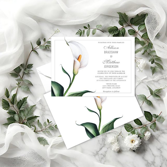 Convite Casamento de Ilegante Ivory White Calla Lily (Elegant Ivory White Calla Lily wedding invitation front and back view.)