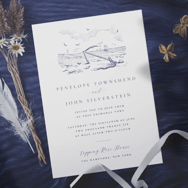 Convite Casamento de Ilustração de Ilustração de Praia de  (Elegant white wedding invitation with an illustration of the beach and an anchor)
