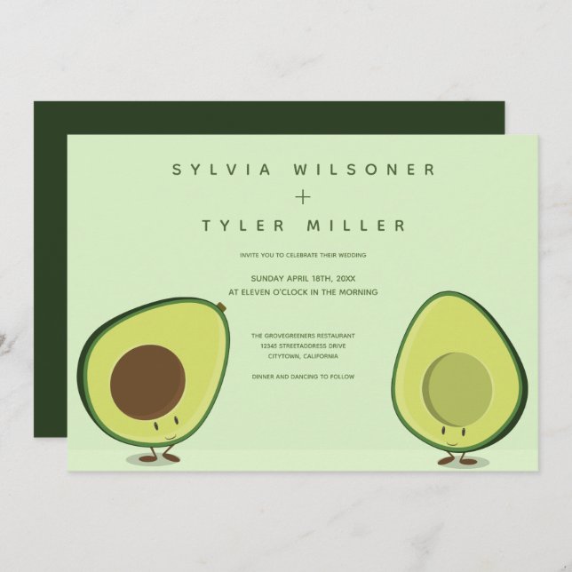 Convite Casamento de Ilustração Verde Avocado (Frente/Verso)