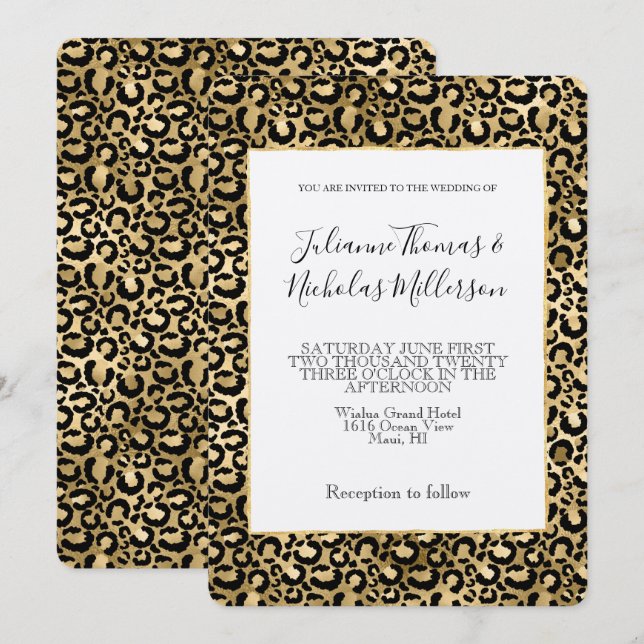 Convite Casamento de Impressão do Leopardo Negro Dourado (Frente/Verso)
