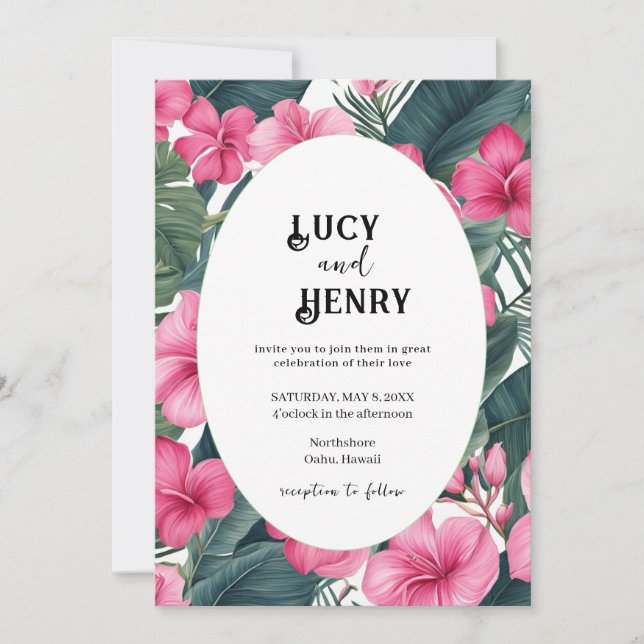 Convite Casamento de Impressão Floral de Feriado Rosa Trop (Frente)