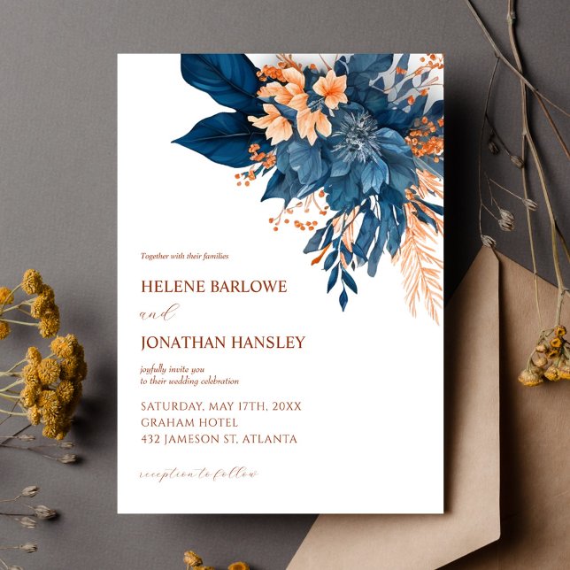 Convite Casamento de Indigo Rust com Aquarela Floral Elega (Elegant Floral Watercolor Indigo Rust Wedding Invitation)