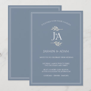 Convite Casamento de Iniciais Clássicas Azul Elegante