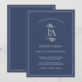 Convite Casamento de iniciais clássicas azul naval elegant