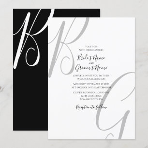 Convite Casamento de Iniciais de Monograma Branco e Preto