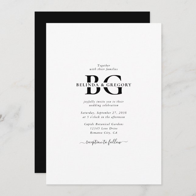 Convite Casamento de Iniciais de Monograma Branco e Preto  (Frente/Verso)