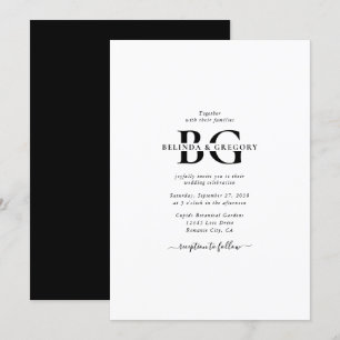 Convite Casamento de Iniciais de Monograma Branco e Preto