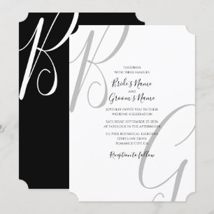 Convite Casamento de Iniciais de Monograma Branco e Preto