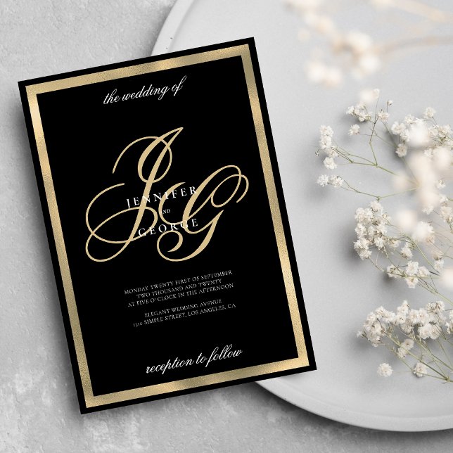 Convite Casamento de iniciais de monograma preto de Elegan (Elegant black gold monogram initials wedding)