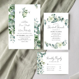 Convite Casamento de iniciais de verde elegante de eucalip