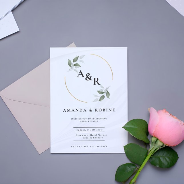 Convite Casamento de Iniciais Simples Eucalyptus Minimalis (Criador carregado)