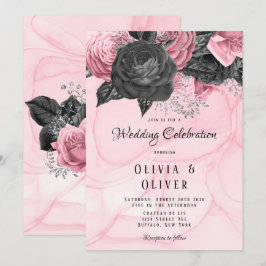 Convite Casamento de Inking Floral Negro e Rosa de Luxo In