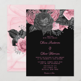 Convite Casamento de Inking Floral Preto e Rosa de Luxo