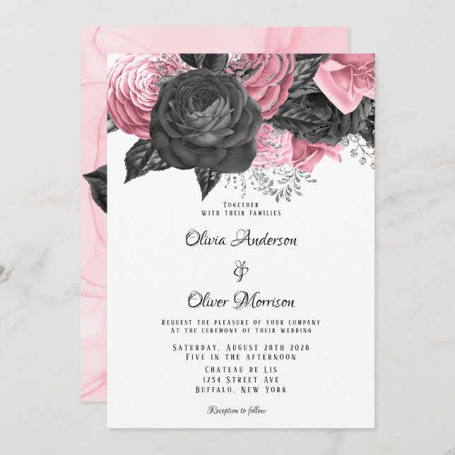 Convite Casamento de Inking Floral Preto e Rosa de Luxo (Frente/Verso)