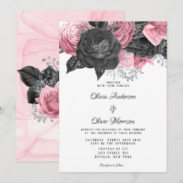 Convite Casamento de Inking Floral Preto e Rosa de Luxo
