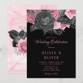 Convite Casamento de Inking Floral Preto e Rosa de Luxo