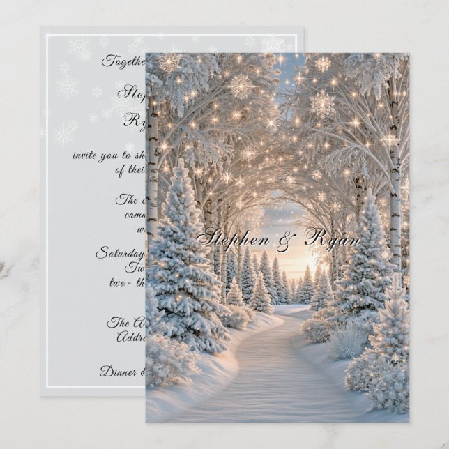 Convite Casamento de Inverno Árvores de Pinheiro Flocos de (Frente/Verso)