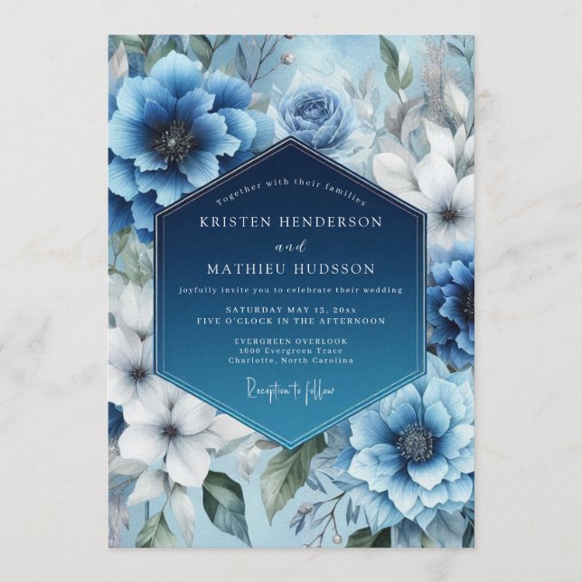 Convite Casamento de Inverno Azul Aço Lustroso (Frente)
