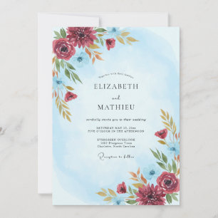 Convite Casamento de Inverno Azul Claro Burgundy Exquisito