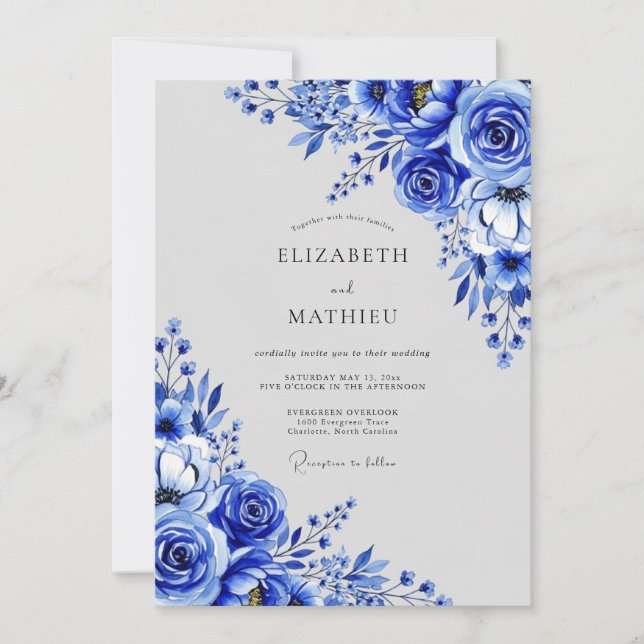 Convite Casamento de Inverno Azul Cobalto Elegante (Frente)