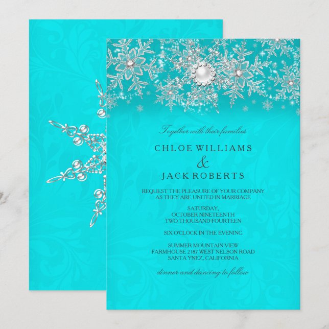 Convite Casamento de Inverno Azul Cristal Pérola Floco de  (Frente/Verso)