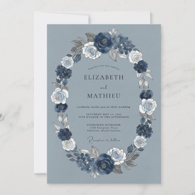 Convite Casamento de Inverno Azul Desbotado Elegante (Frente)