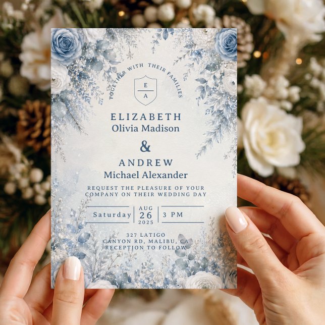 Convite Casamento de Inverno Azul Elegante (Criador carregado)