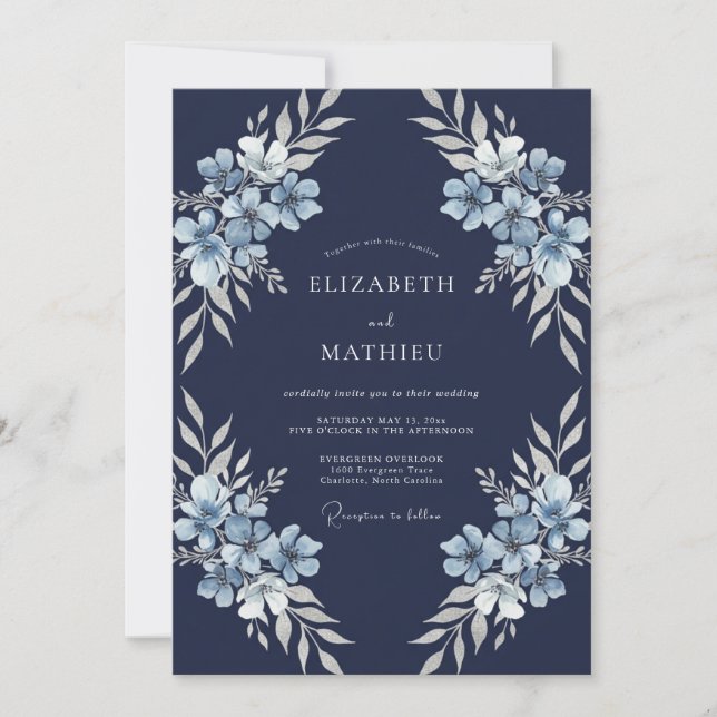 Convite Casamento de Inverno Azul-Marinho Atemporal (Frente)