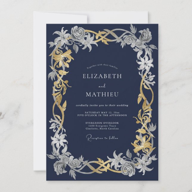 Convite Casamento de Inverno Azul-Marinho Intricado (Frente)