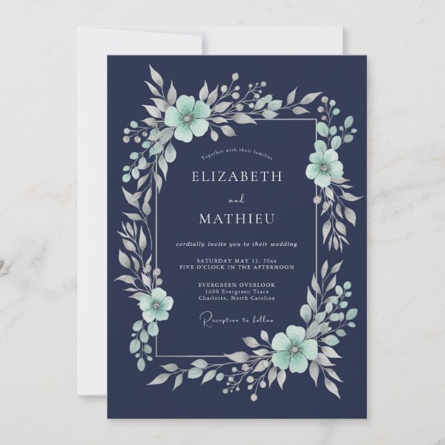 Convite Casamento de Inverno Azul Naval Polido (Frente)