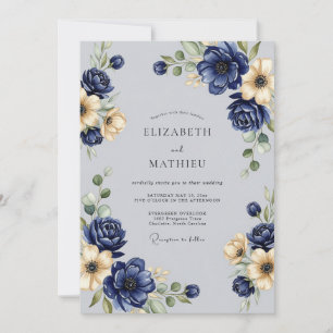 Convite Casamento de Inverno Azul Naval Primoroso