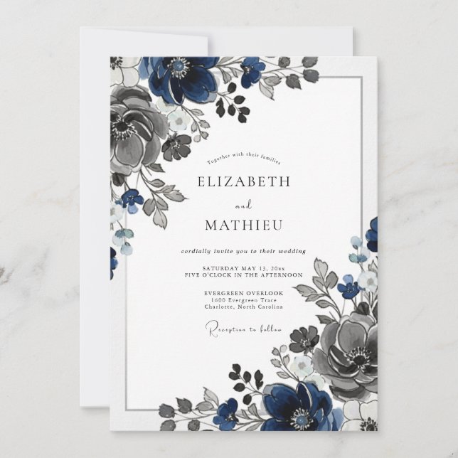 Convite Casamento de Inverno Azul Naval Soberbo (Frente)